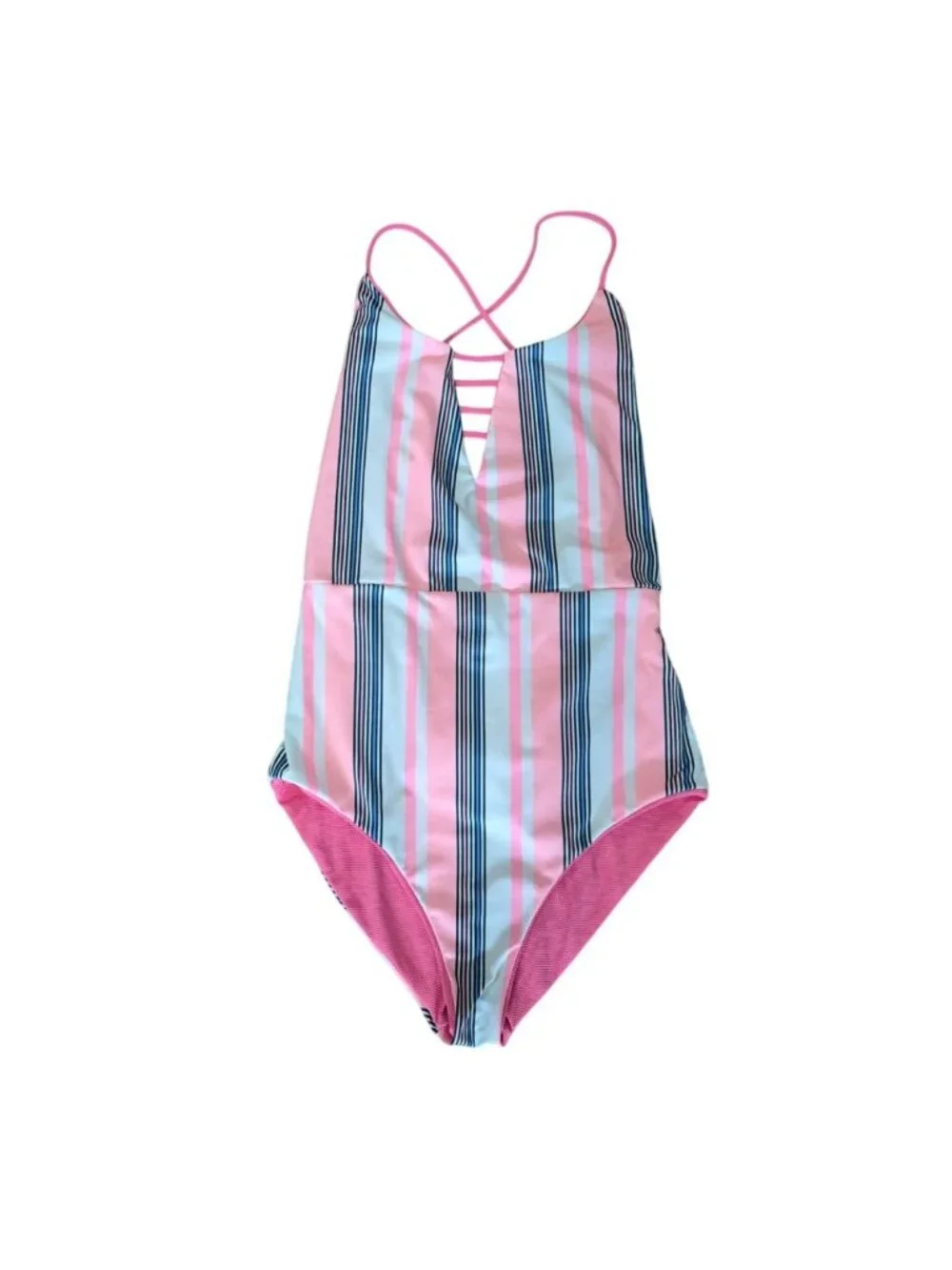 Maa39ji One Piece Swimsuit Size L Pink Striped Crisscross Back Textured